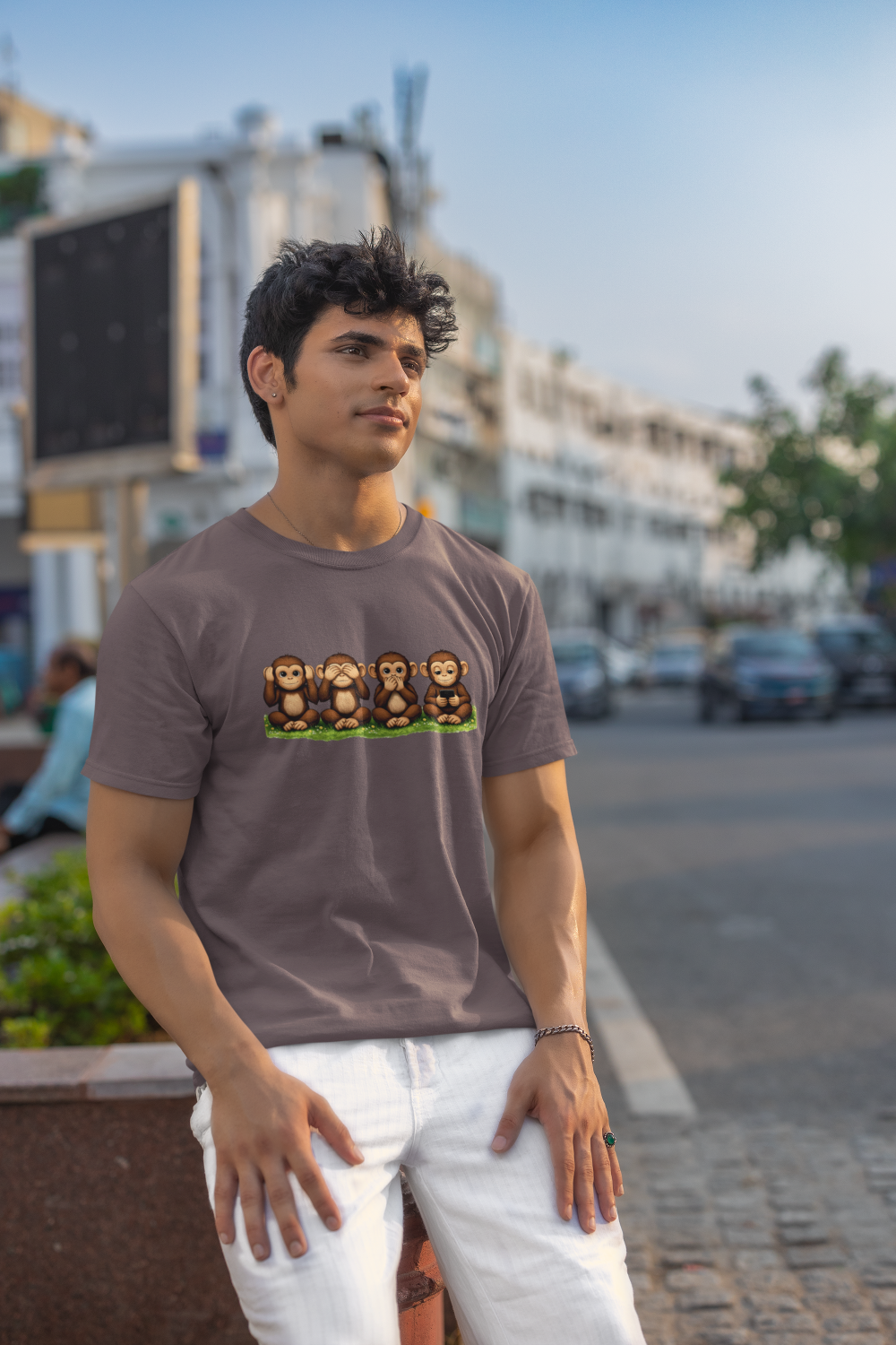Die drei Affen T-Shirt, 3 plus 1 Affe, Handysucht