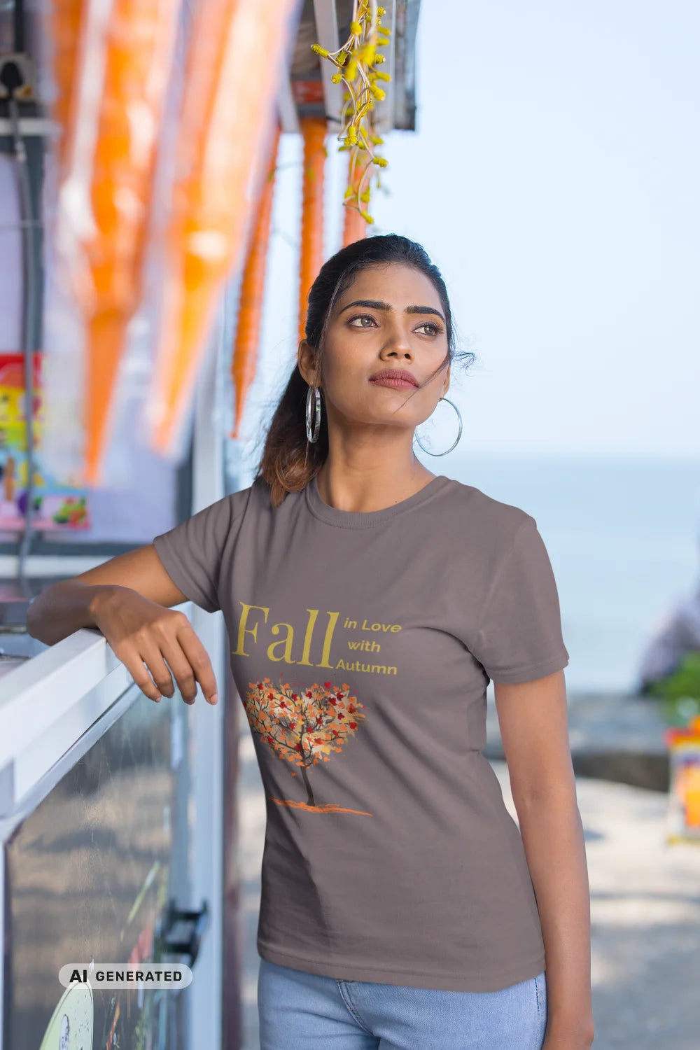 Fall in Love with Autumn T-Shirt mit Rundhalsausschnitt, Herzbaum, Herbststimmung