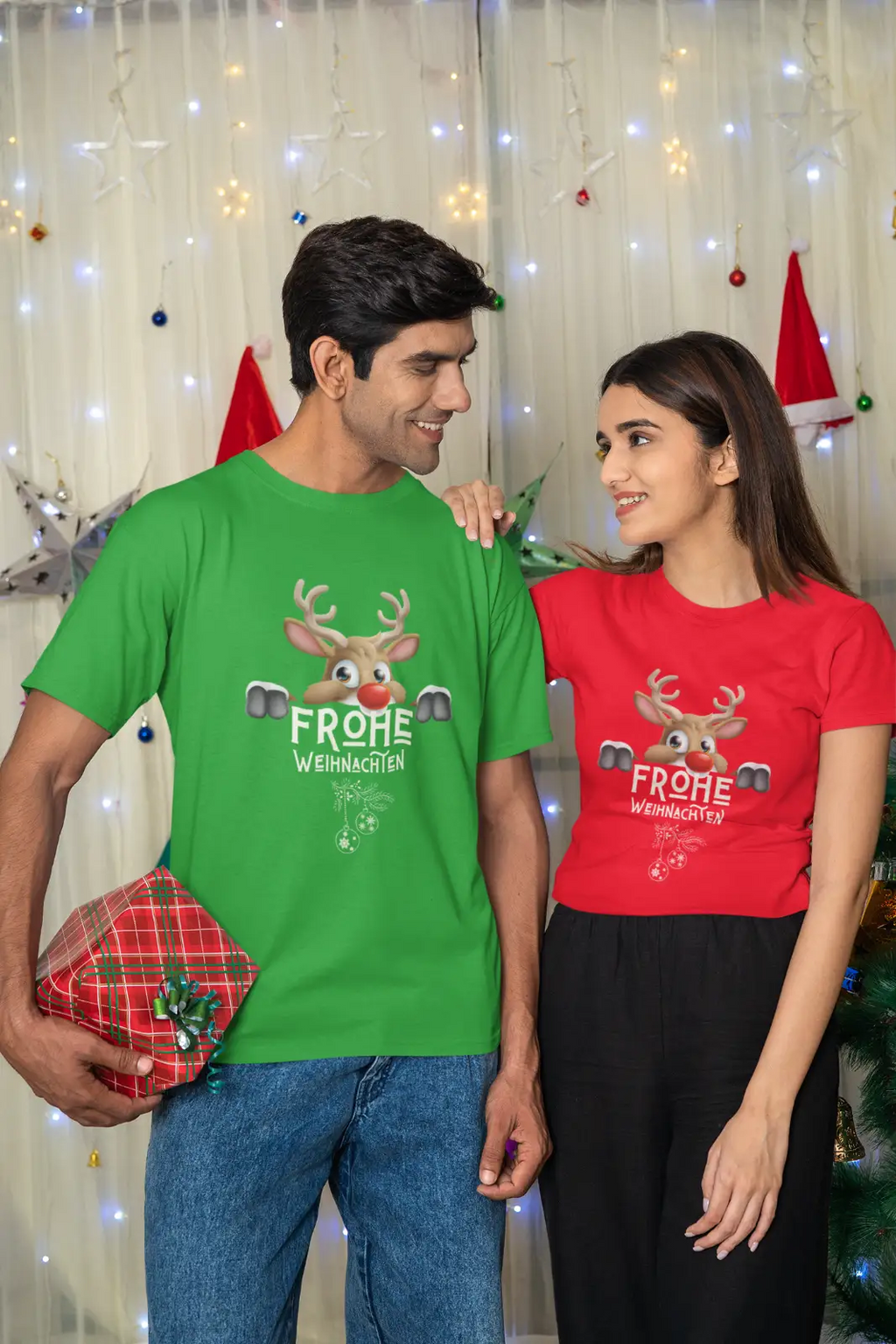 Frohe Weihnachten T-Shirt, unisex, Motiv Illustration Elch mit Schriftzug, Merry Christmas