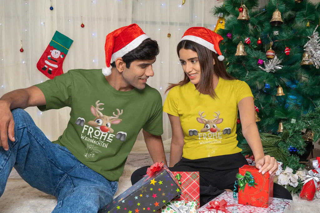 Frohe Weihnachten T-Shirt, unisex, Motiv Illustration Elch mit Schriftzug, Merry Christmas