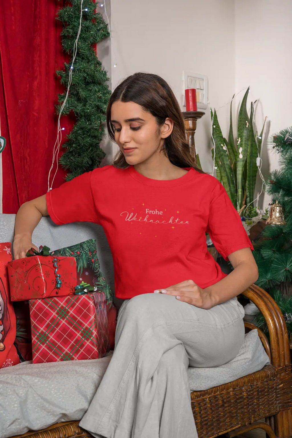 Frohe Weihnachten T-Shirt, unisex, Motiv Schrift mit Sternen, Merry Christmas